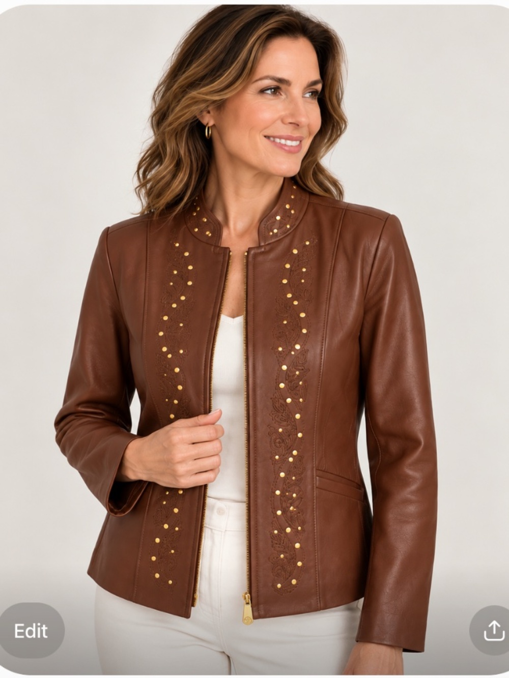 St. John Collection Sport Gold Studded Jacket in Cognac Lamb's Leather